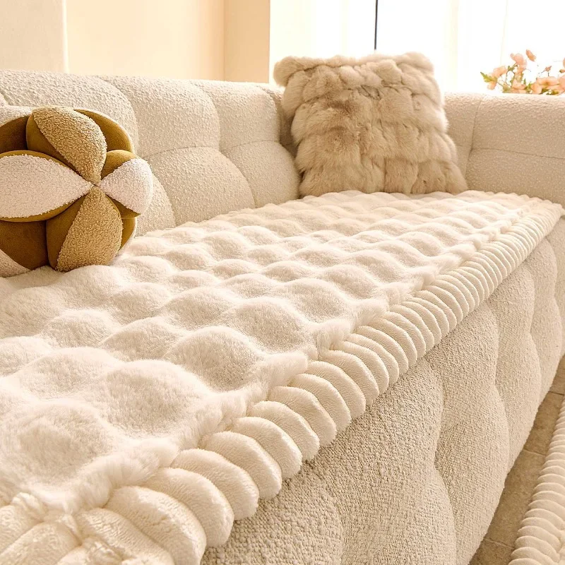 Winter Plush Sofa Cushion Imitation Rabbit Plush Anti-Slip Sofa Padded Plush Sofa Blanket Non-Shedding Furniture Protector Cover