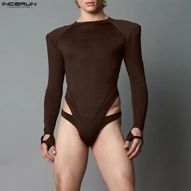 INCERUN Men Bodysuits Solid Color O-neck Long Sleeve Rompers Men Sexy Hollow Out Fashion Skinny Casual Playsuit Male Bodysuit