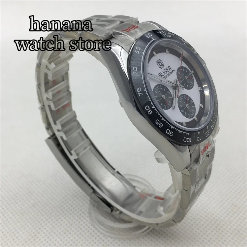 39mm VK63 Quartz Watch Men's White dial Silver case Black bezel Sapphire Glass Sports Chronograph Stainless Steel Oysterbracelet