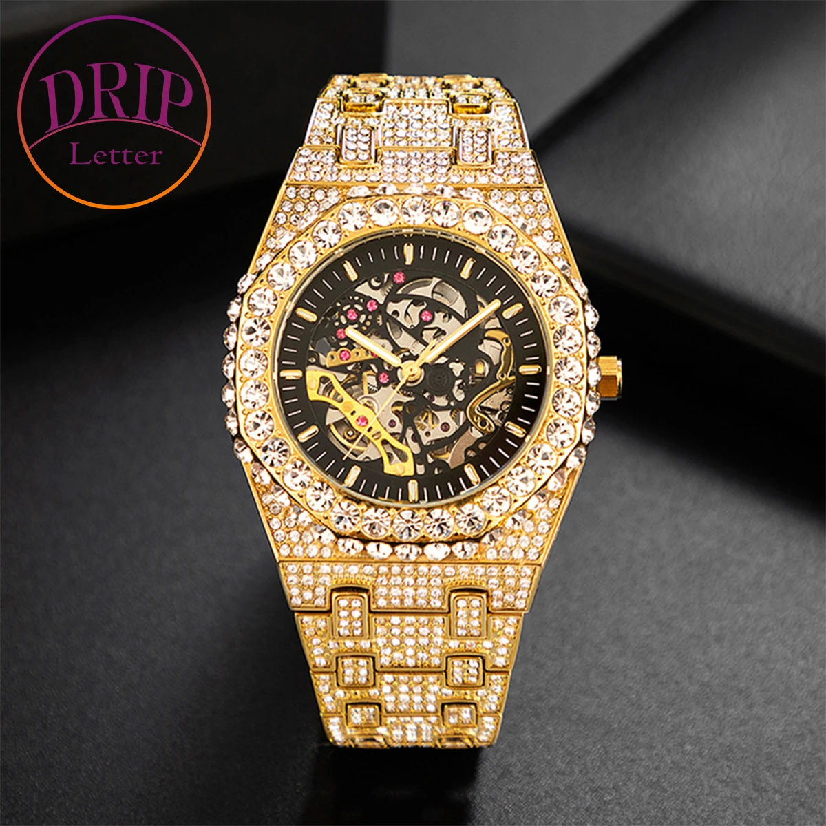 

Drip Letter Ice Hollow Out Watch for Men Quartz Clock Mechanical Rhinestone Glow Waterproof Hip Hop Fashion Jewelry 2023 Trend