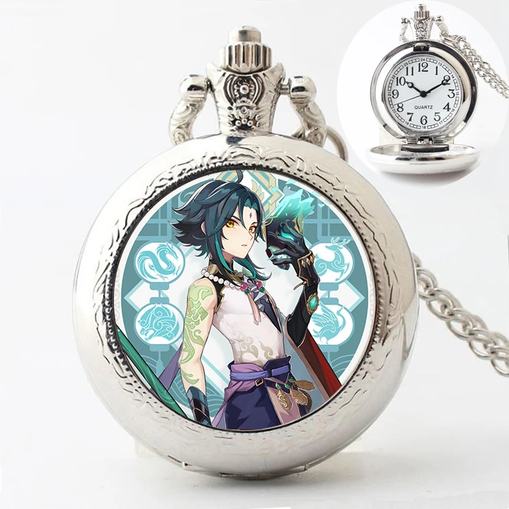 Game Genshin Impact Pocket Watch Vintage Customizable pictures Figure Necklace Hutao Zhongli Cosplay Pendant Jewelry Fans Gifts