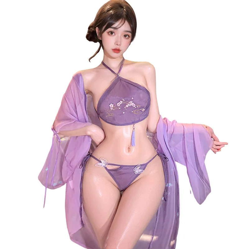 

Chinese Style Babydoll Sexy Classical Hanfu Cosplay Costume Erotic Embroidery Dresses See-through Antique-Style Lingerie Uniform