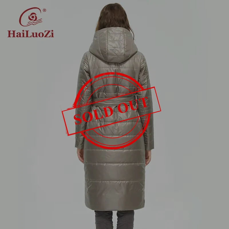 HaiLuoZi-Chaqueta larga hasta la rodilla para mujer, abrigo con cinturón, dobladillo Irregular, diseño abierto, Parka informal con capucha 73,