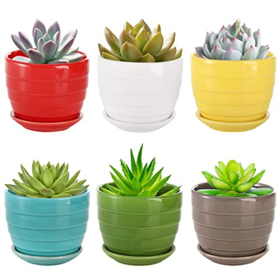 

Set of 6 Ceramic Succulents Planter with Drainage Tray 4.3 Inch Drative Flower Pots Saucer Small Planter Pot for House Plants I
