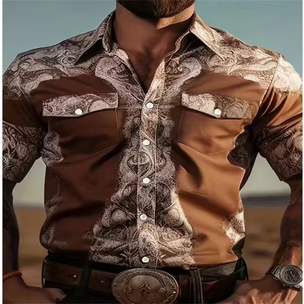 2025 Camisa de vaquero Western negra de manga larga con patron القبلية الفقرة hombre، أوتوندو الفقرة أدواتينز الغربية، camisa