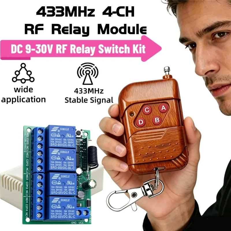 DC12V 24V 4CH 433MHz RF Wireless Relay Remote Control Switch Kit 4 Button Transmitter for Light Gate Motor Rolling Shutter
