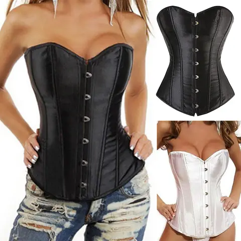 여성용 새틴 코르셋 탑 레이스 업 본드 펑크 오버 버스트 코르셋 뷔스티에 란제리 허리 Cincher 바디 셰이퍼