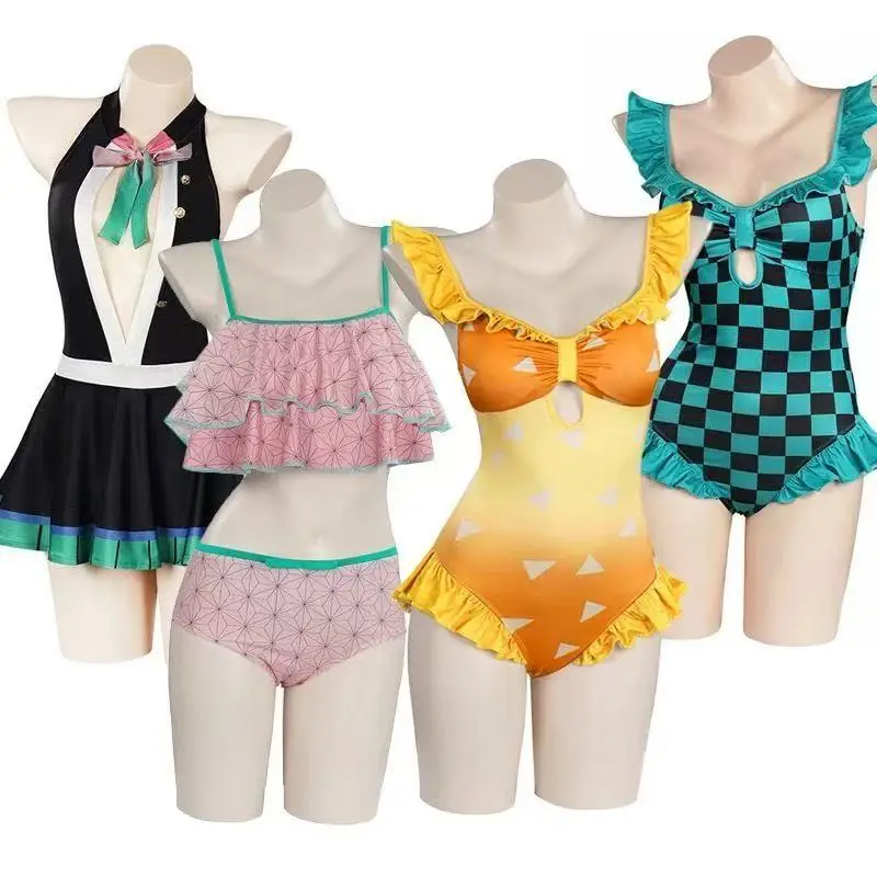 Anime Demon Slayer Kamado Tanjirou Cosplay Kostüm Nezuko Zenitsu Bikini Strand Sommer Zweiteiliger Badeanzug Set Bademode Urlaubsgeschenk