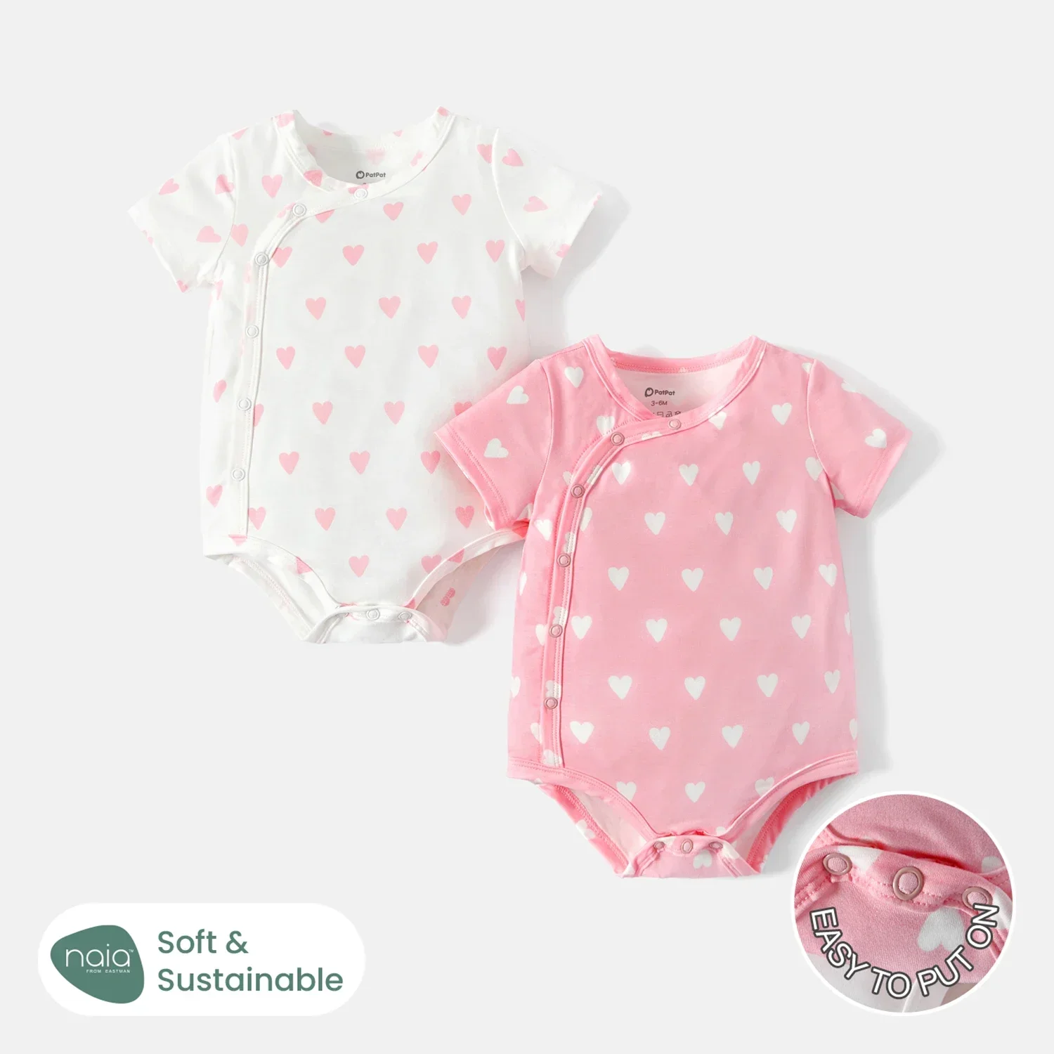 PatPat 2-Pack Naia Baby Girl Heart Print Short-sleeve Rompers Soft and Comfortable  Perfect for Outings and Daily Wear