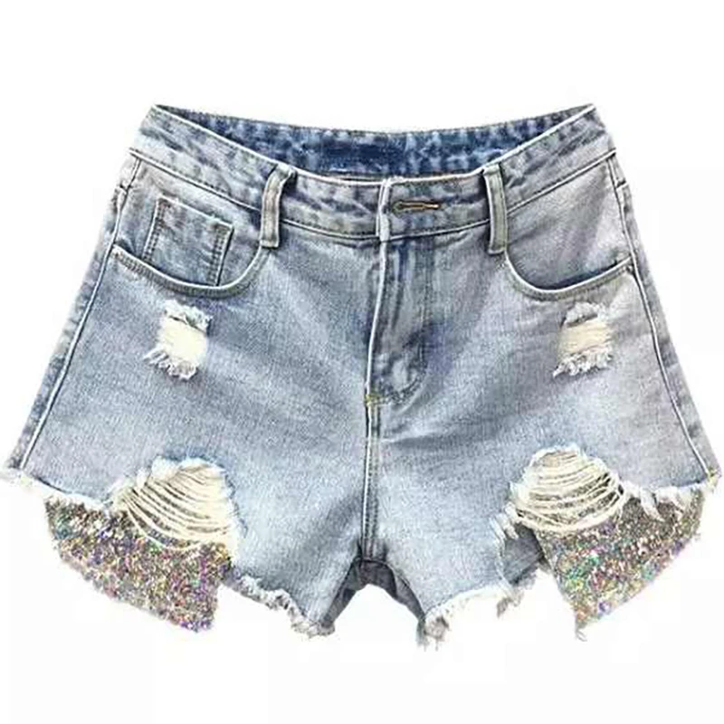 Persönlichkeit Loch Blau Denim Shorts Frauen Sommer Neue Hohe Taille Lose Breite Bein Hot Pants High Street Dame Mode Mini Jeans