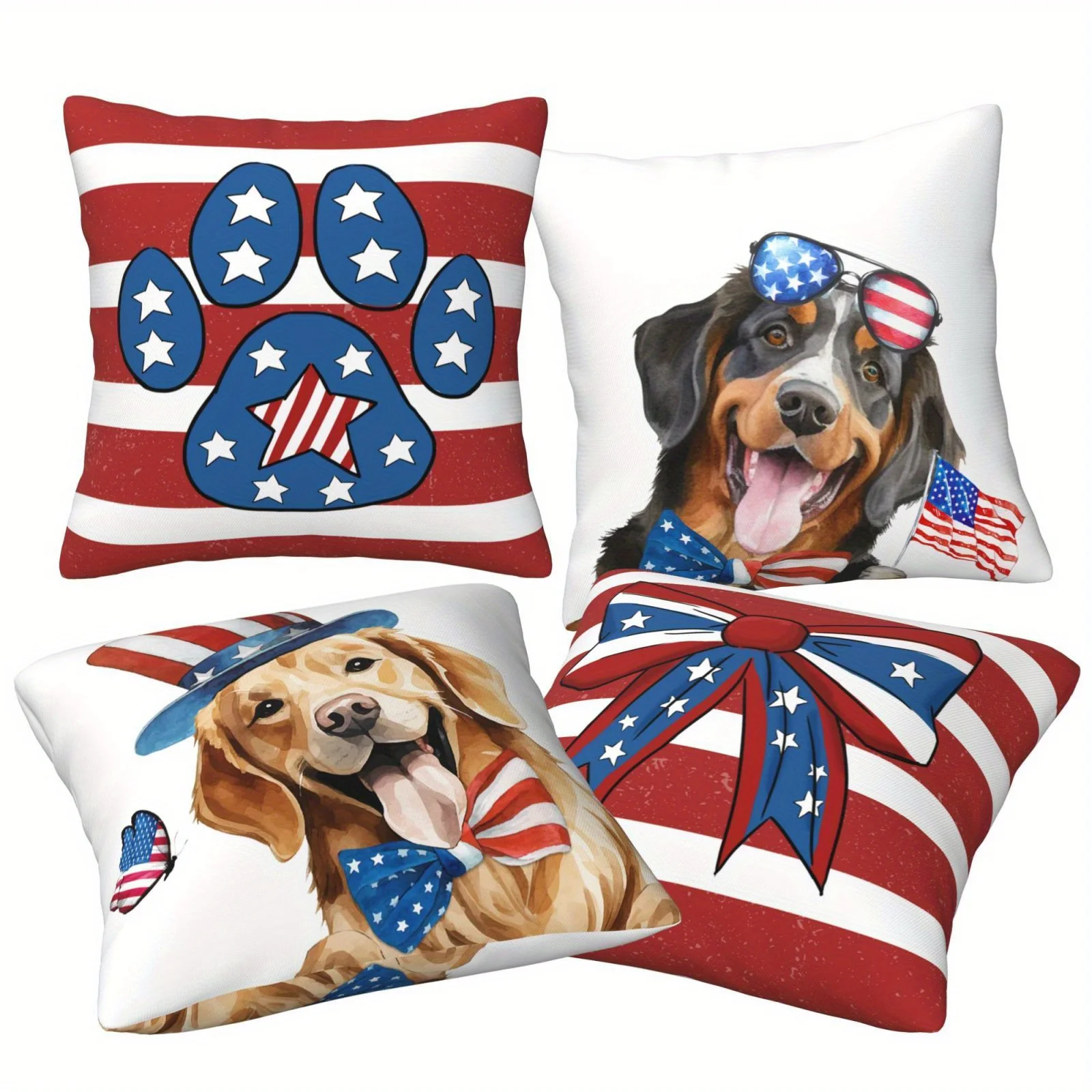 4pcs 4th of July Throw Pillow Covers 18''X18'' Patriotic Dogs American Flag Design Stars and Stripes Puppy Cushion Cases