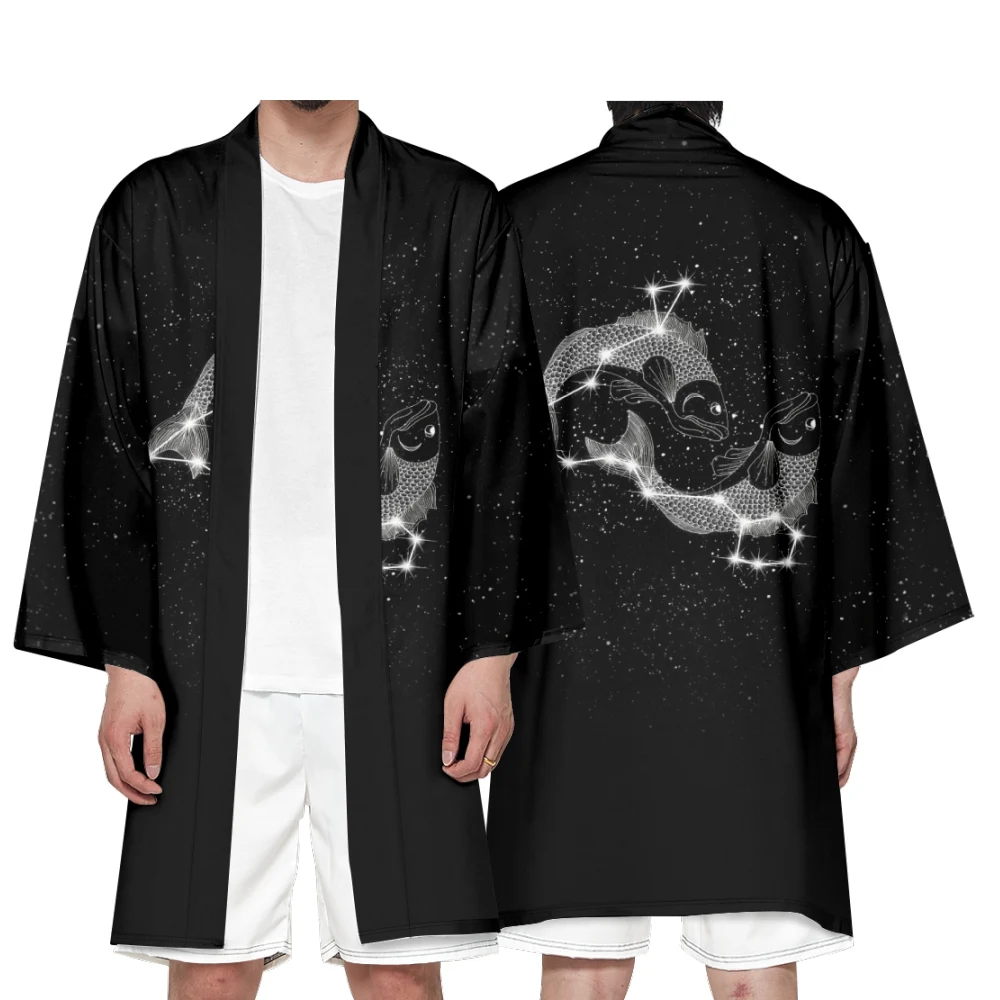 Men's Japanese Long Kimono Cardigan Boys Samurai Costume Kimono Constellation Pattern Kimono Shirt Yukata Outer Cover
