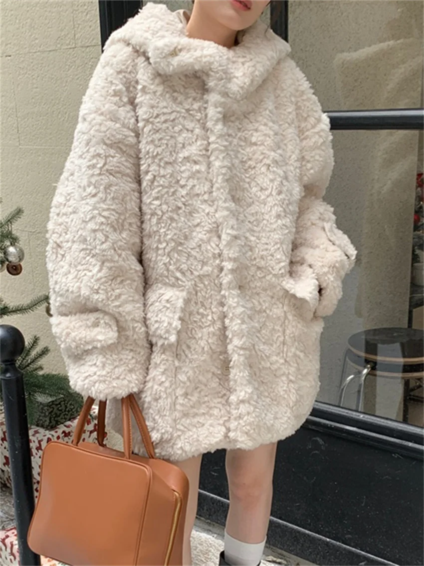 

Alien Kitty 2024 Winter Loose Lamb Wool Coats Women Casual Chic Gentle Thicken Office Lady All Match Hooded Warm Daily Fashion