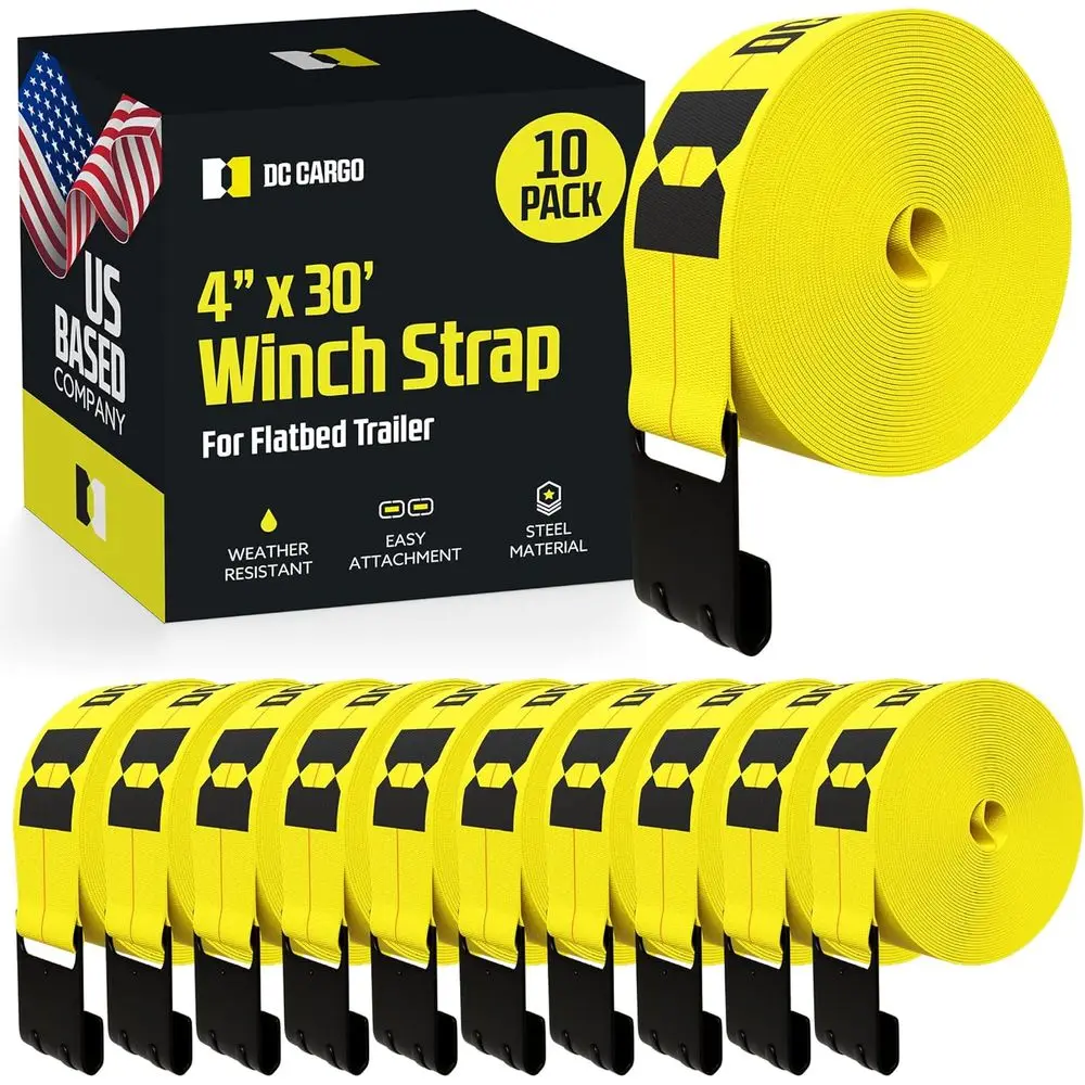 Heavy-Duty 4 Inch x 30 Foot Ratchet Straps with Hooks, 10-Pack, 16,500 lbs Break Strength, 5,500 lbs WLL