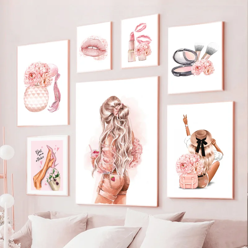 Fashion Girl Art Canvas Painting Perfume Bottle Heels Lipstick Handbag Nordic Posters And Prints Wall Pictures Room Decor