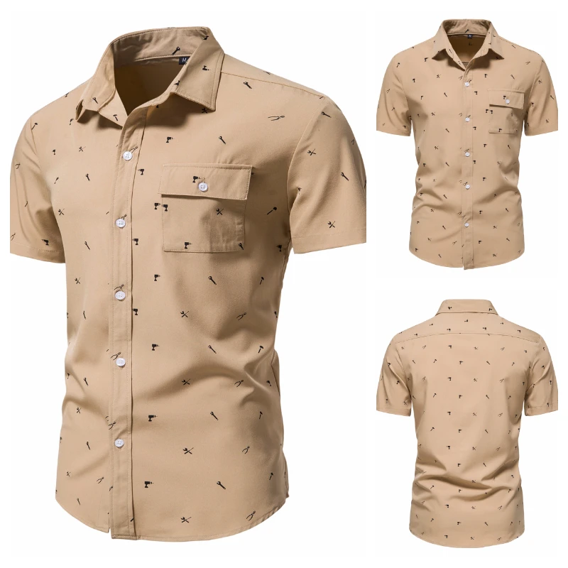 

S-2XL!2023 New Summer Men's Shirt Business Casual Pocket Breathable Silk Smooth Shirt Short sleeve Printed Work Style Shirts