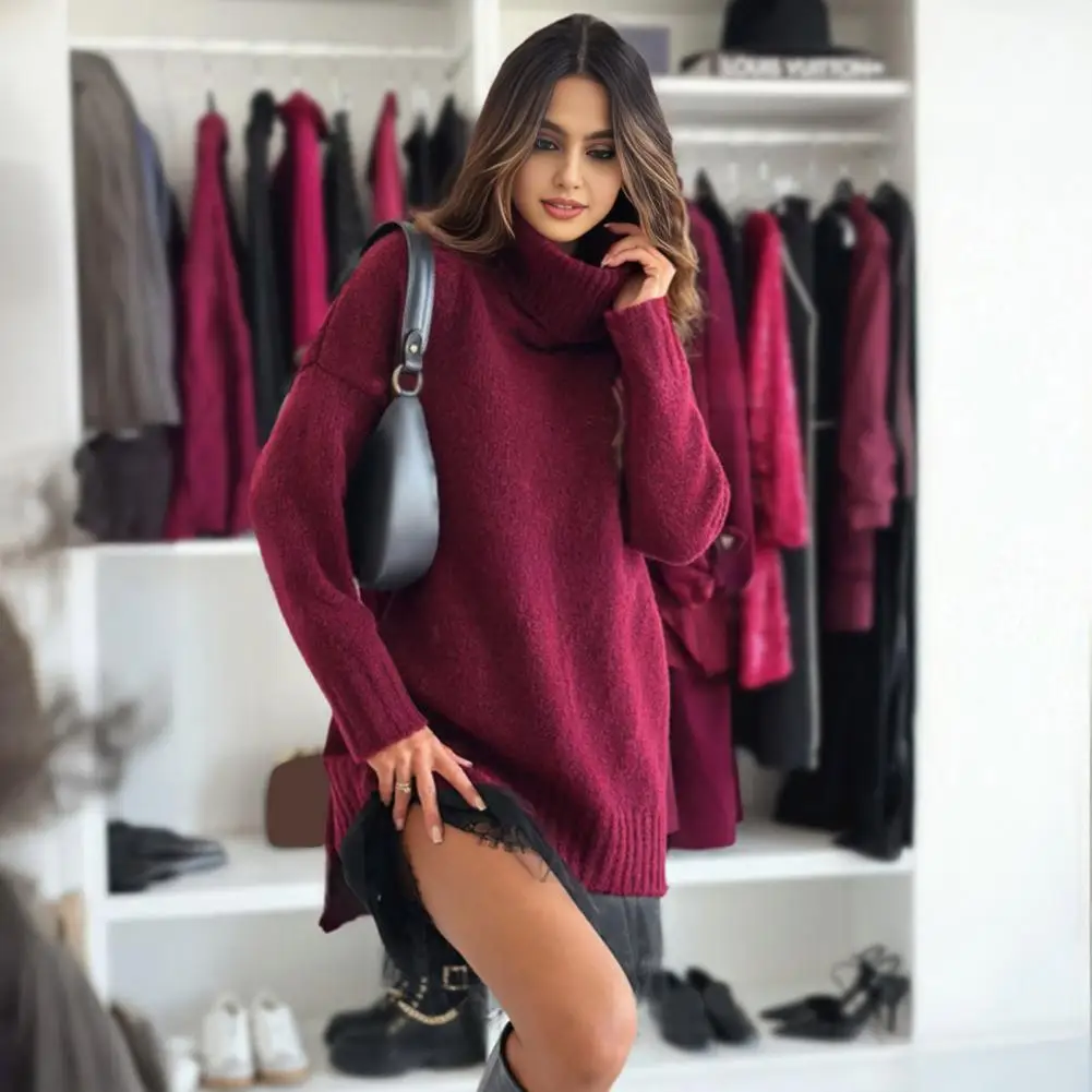 Knitting Jumper Women Sweater High Collar Long Sleeve Ribbed Trim Knitted A-line Silhouette Sweater Autumn Winter Sweater 80%