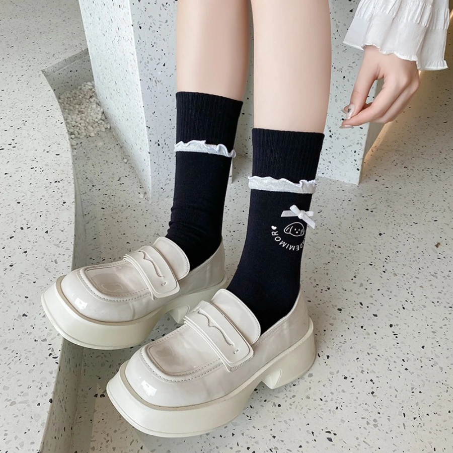 زوجان من جوارب أنبوبية متوسطة الحواف على شكل ربطة عنق على شكل فيونكة، مع تصميم جميل مثل الأساسية، دانتيل رقيق، مطابقة يومية #3