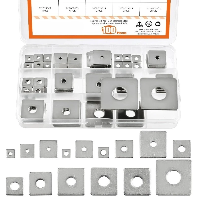 100Pcs/box 15 Sizes M3-M14 Stainless Steel Square Plate Washers Assortment Kit Square Bearing Flat Washer Fastener