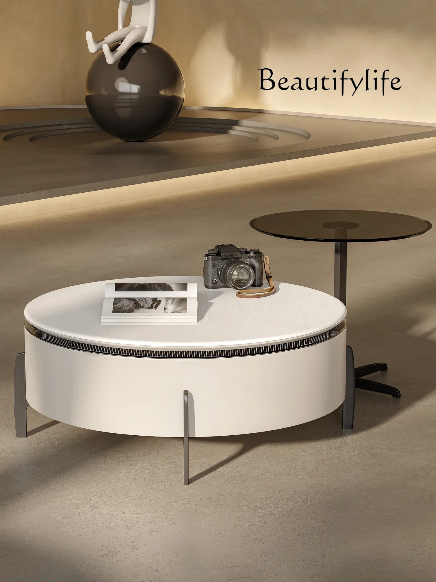 N19 Italian minimalist multi-functional lifting rotating coffee table  small apartment storage round coffee table advanced sense