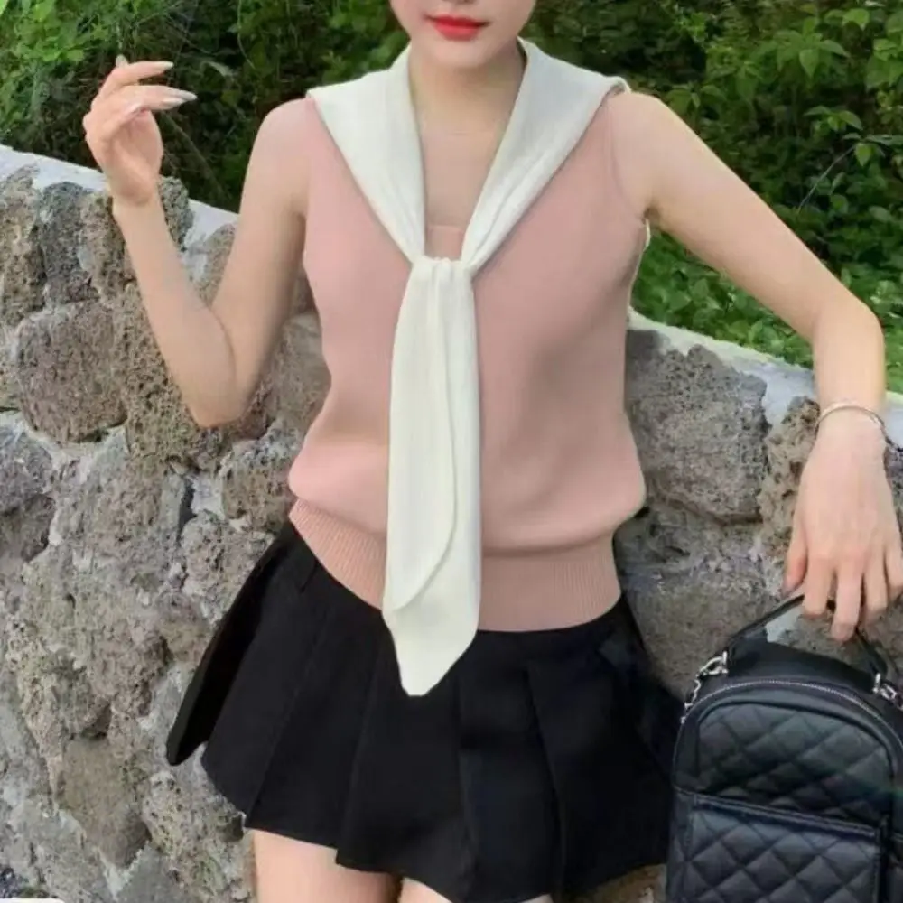 甘いパッチワークノースリーブ Tシャツスパイシーガールスタイルニット夏スリムクロップトップスレースアップシンプルな女性のレースアップベストレディースガールズ