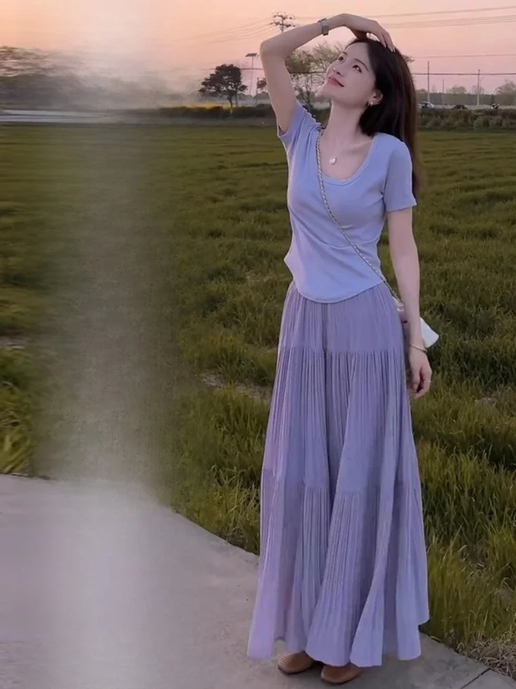 

Ele Фиолетовый женский комплект из футболки и юбки для похудения, повседневный летний наряд ort Sve, круглый дизайн длиной до плеч