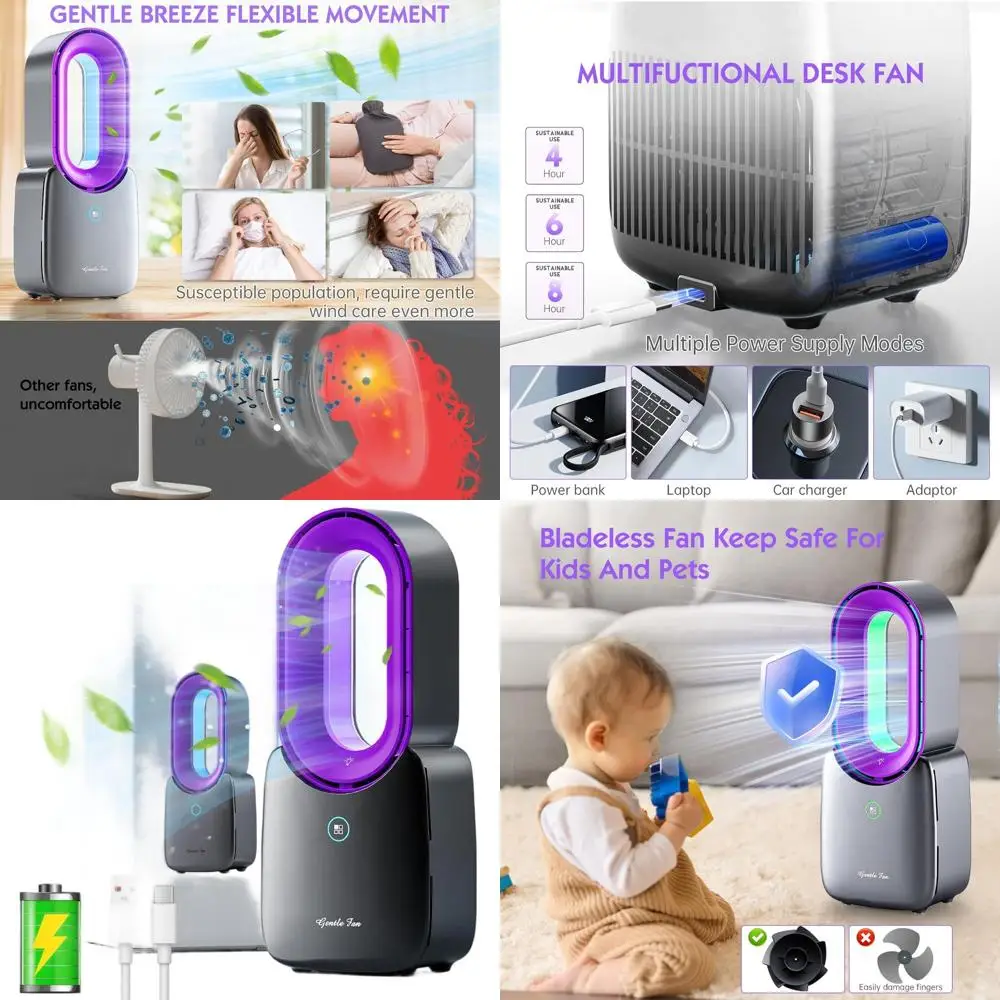 

Перезаряжаемый светодиодный настольный вентилятор 11.8 с 5-цветной подсветкой, бесшумный безлопастной вентилятор для спальни, дома и офиса