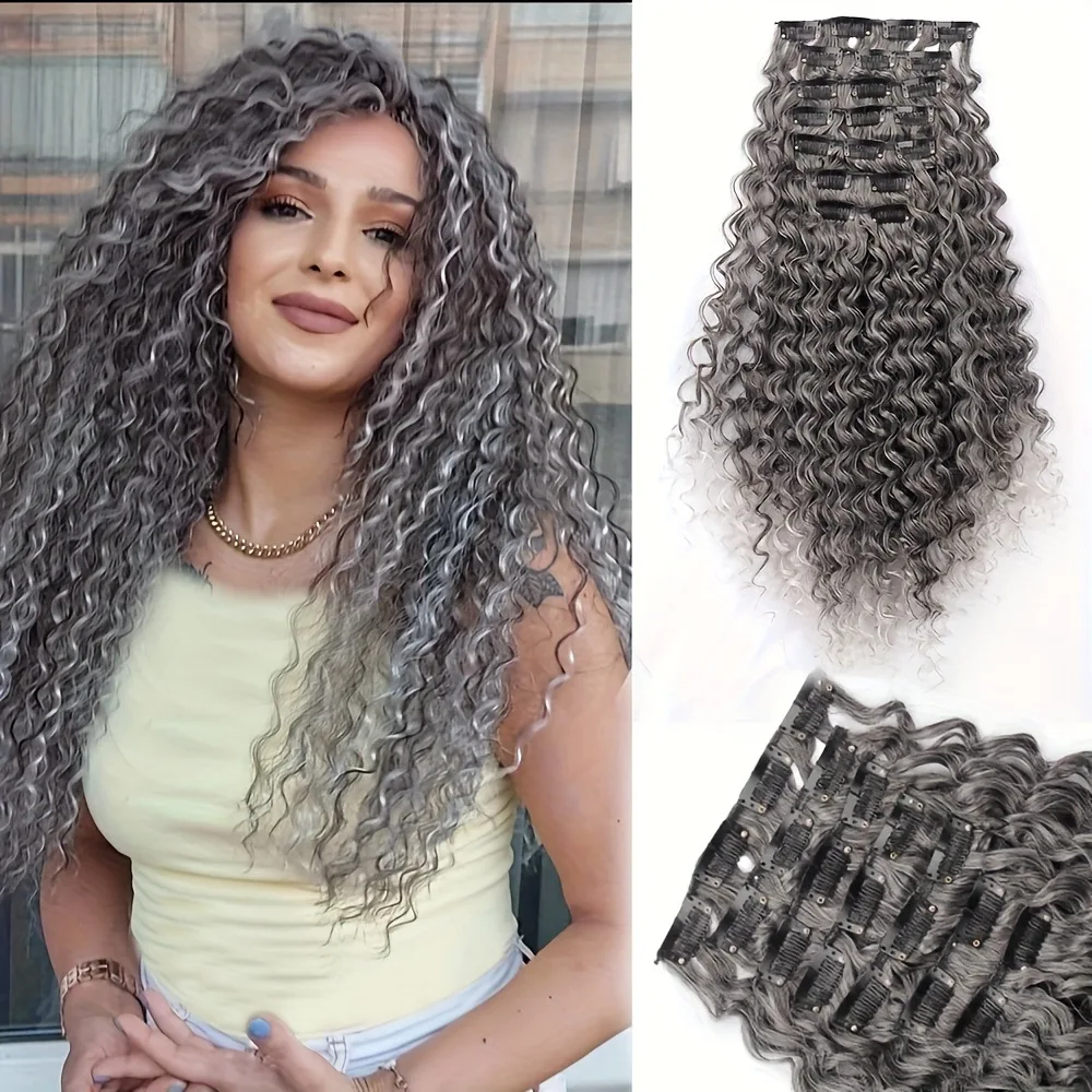 Perruque à clip ondulée petite et légère de couleur gris clair |   Lot de 7 extensions de cheveux à clipser de haute qualité, permettant d'augmenter la longueur des cheveux