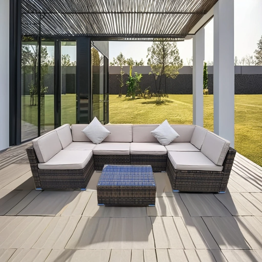 

Wholesale Outdoor 7pcs Garden Patio Backyard Rattan Sofa Furniture PE Wricker Section Sofa Set with Table with Cushion
