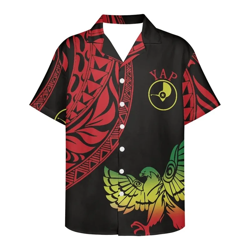 Men\'s Tribal Polynesian Beach Shirts 3D Printed Short Sleeve Button Down Casual Hawaiian T-Shirt Mens Oversized Tee Tops Clothes