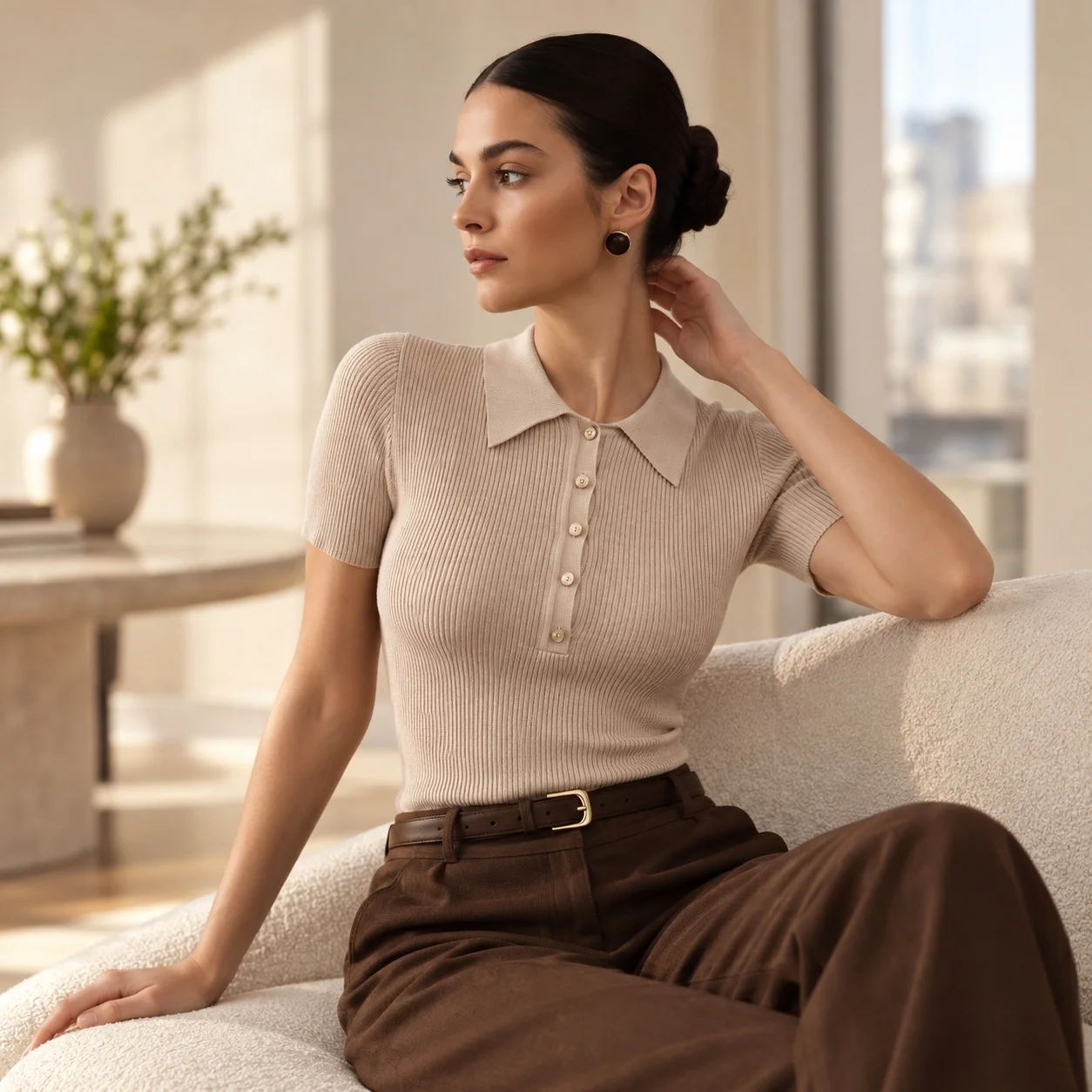 Turn Down Collar Pullover Top Short Length Elegant Professional with Short Sleeve Slim Fit Seamless Splicing Spring for Women