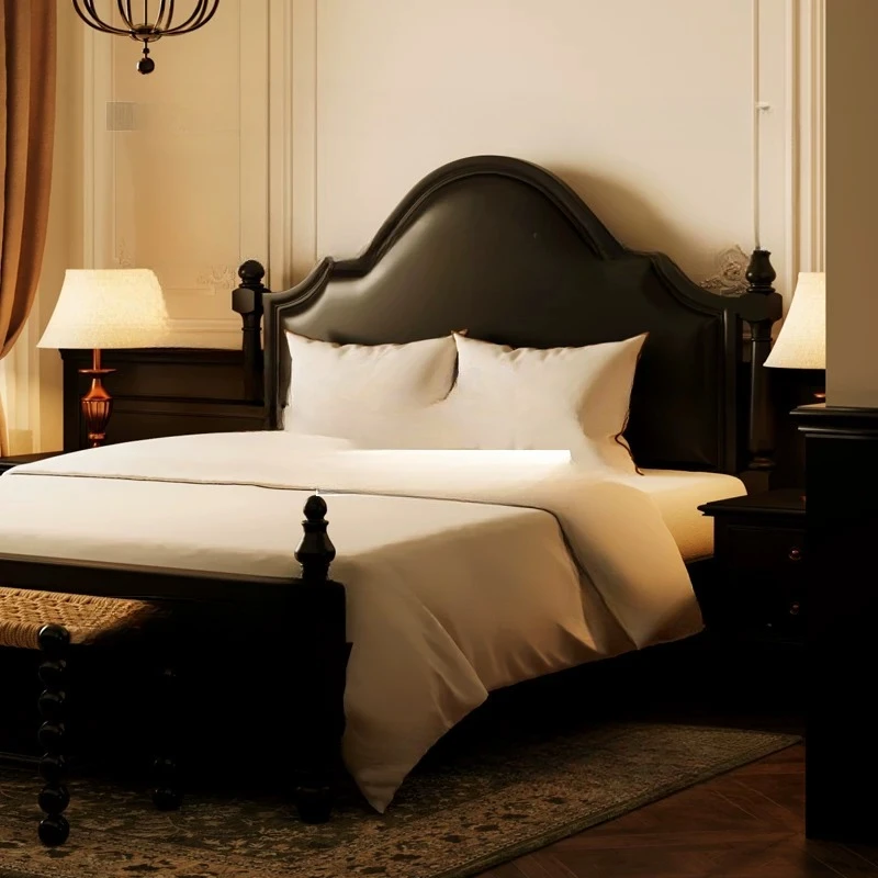 French light luxury black solid wood bed simple neoclassical double bed retro