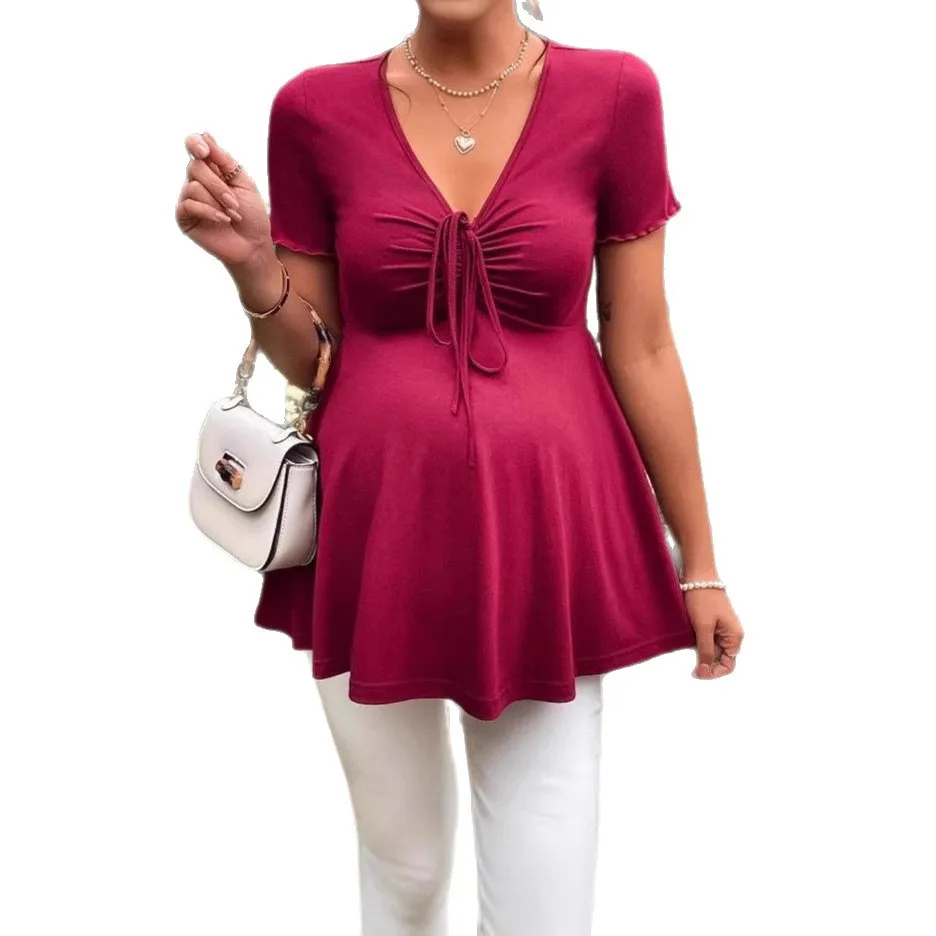 Maternity Pregnant Women Solid Dress Short Sleeve Drawstring V-neck Dresses New 2026 Summer Casual Pregnancy Clothing