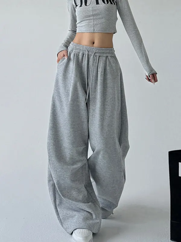 plus Size Grey American Style Sport Pants Women's High Waist Loose Casual Sweatpants Wide Leg Workwear Trousers
