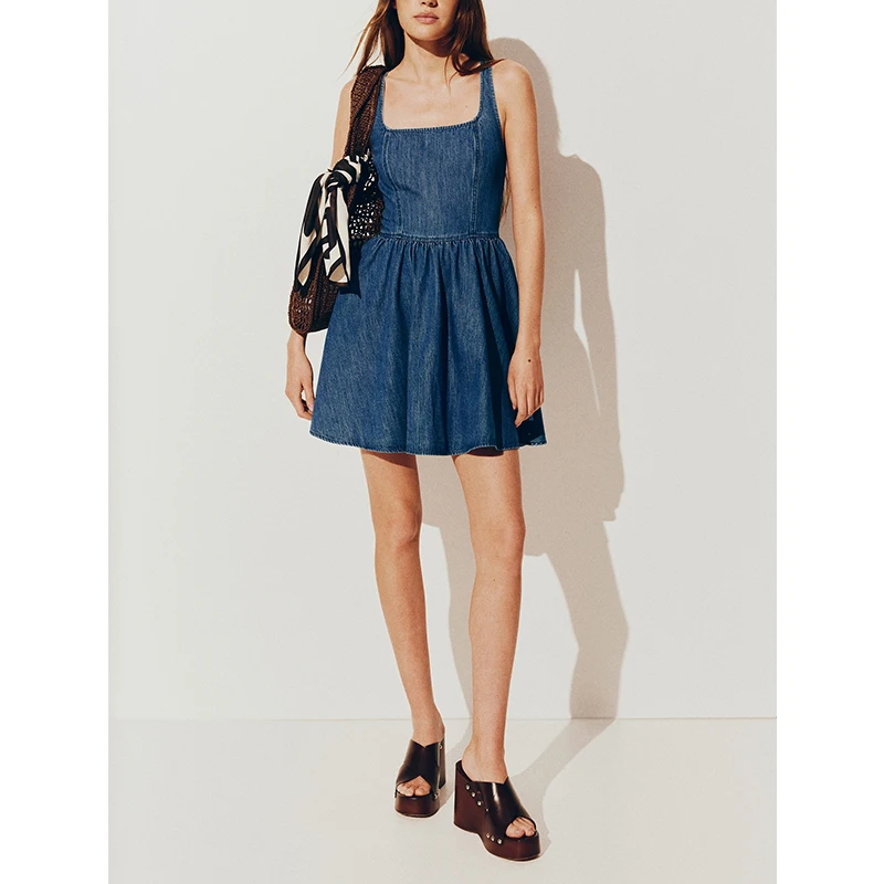 Estate delle nuove donne semplice quadrato basso-ne ampia tracolla svasata orlo denim Dr casual a vita alta A-line ort Svel