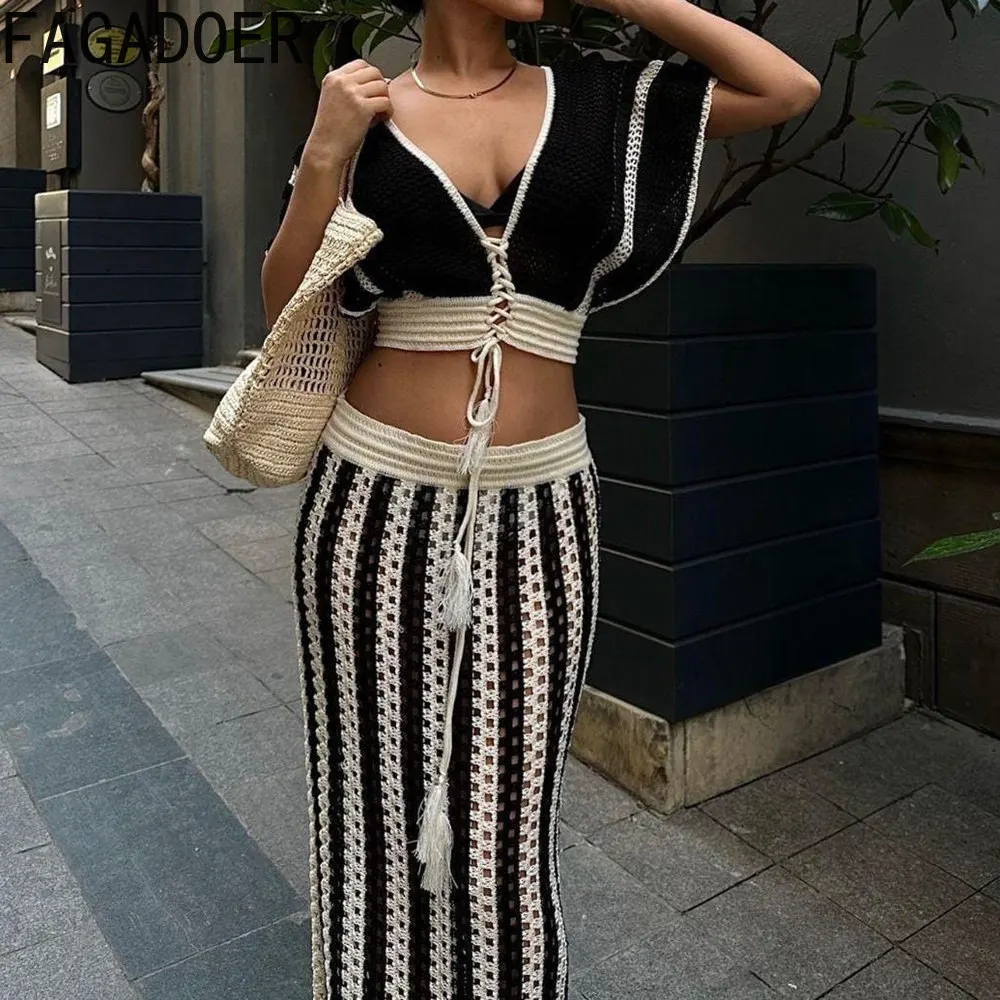 FAGADOER Fashion Streetwear Women Striped Knitting Lace Up V Neck Short Sleeve Crop Top+Skirts Two Piece Set Female 2pcs Outfits