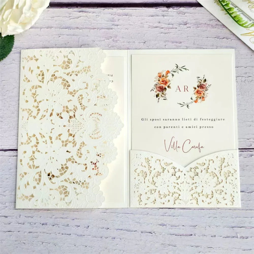 

Embossed Wedding Invitation Card Pocket, Personalized Invite, RSVP Printing, Elegant Laser Cut Cards, 50 Sets