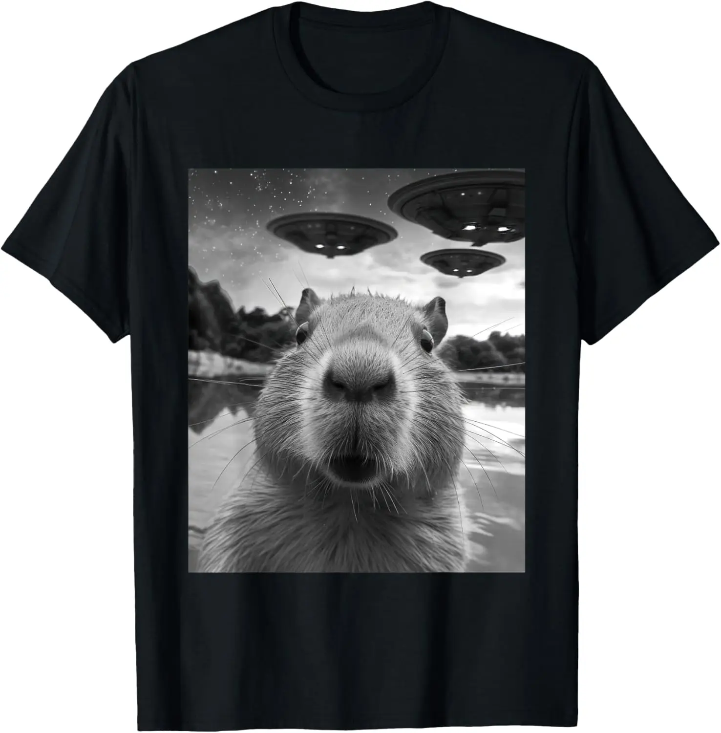 

Funny Graphic Capybara Selfie with UFOs Weird