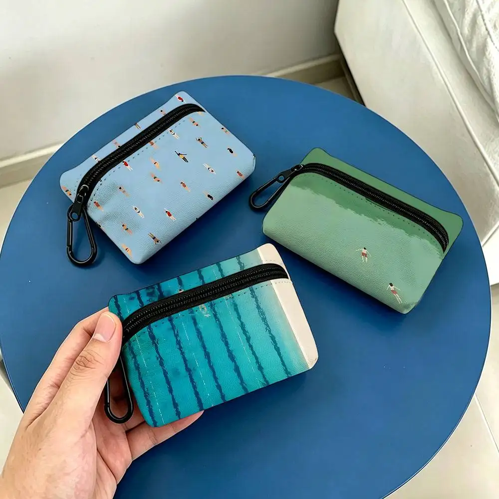 Minimalist Abstract Light Green Seawater Swimming Art Anti-fade Oxford Cloth Small Zipper Coin Bag Hanging Wallet For Coins ID C