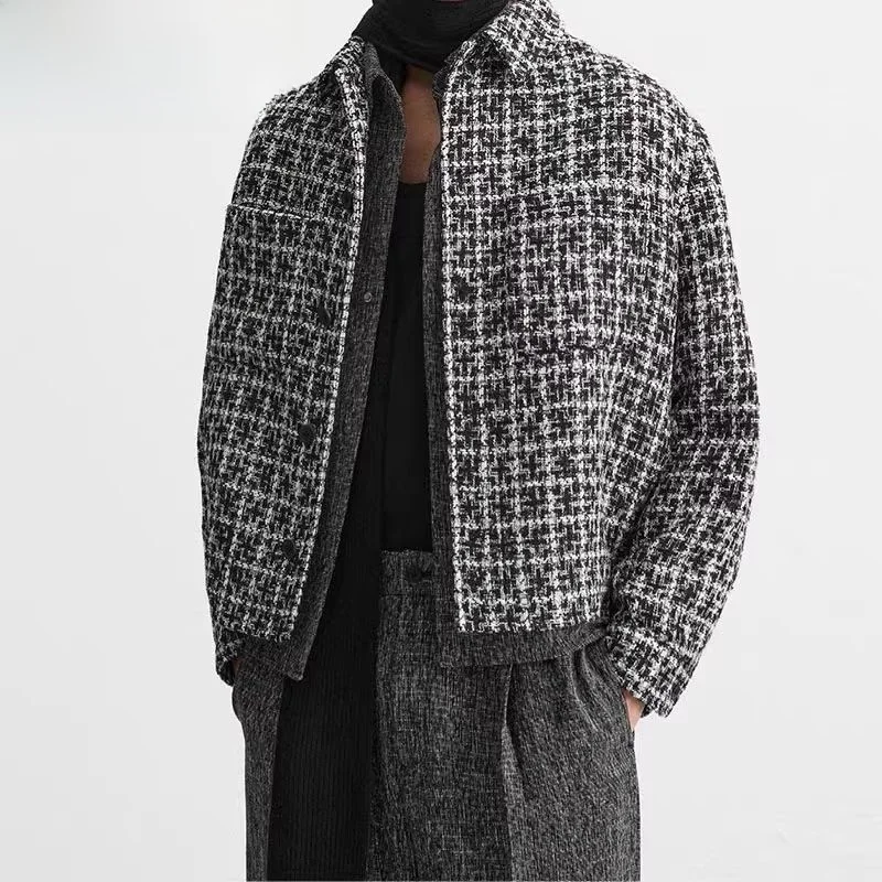 

Мужская приталенная рубашка-куртка в клетку с длинным рукавом, весна 2026, молодежная повседневная верхняя одежда с отложным воротником, прямой крой