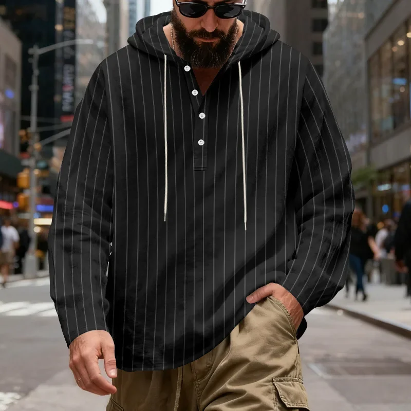 Spring Autumn Men's New Striped Hoodie Drawstring Button Decoration Comfortable Casual Simple All Match Loose Hooded Sweatshirt