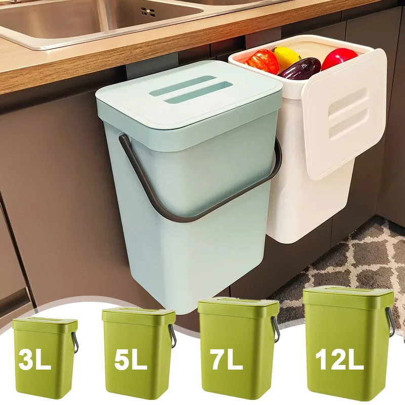 Small Space Saving Trash Can Hanging Mountable Quiet Close Lid Sealed Bin 3L 5L 7L 12L for Kitchen Bathroom Car Living Room
