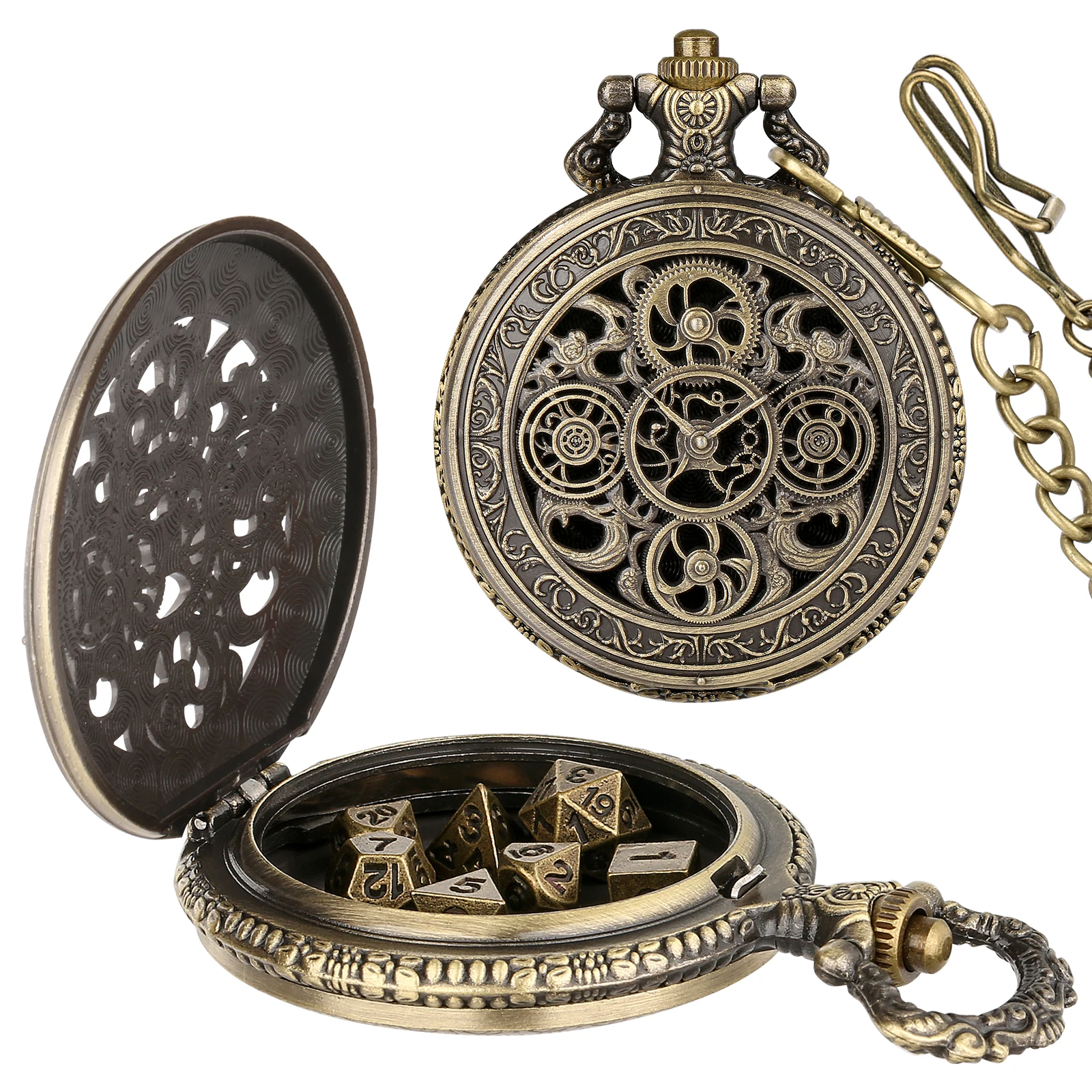 YISUYA Vintage Gears Pocket Watch Case Dice Set, 7pcs Polyhedral Metal DND Dice, Roleplaying Board Game Accessories Party Gifts