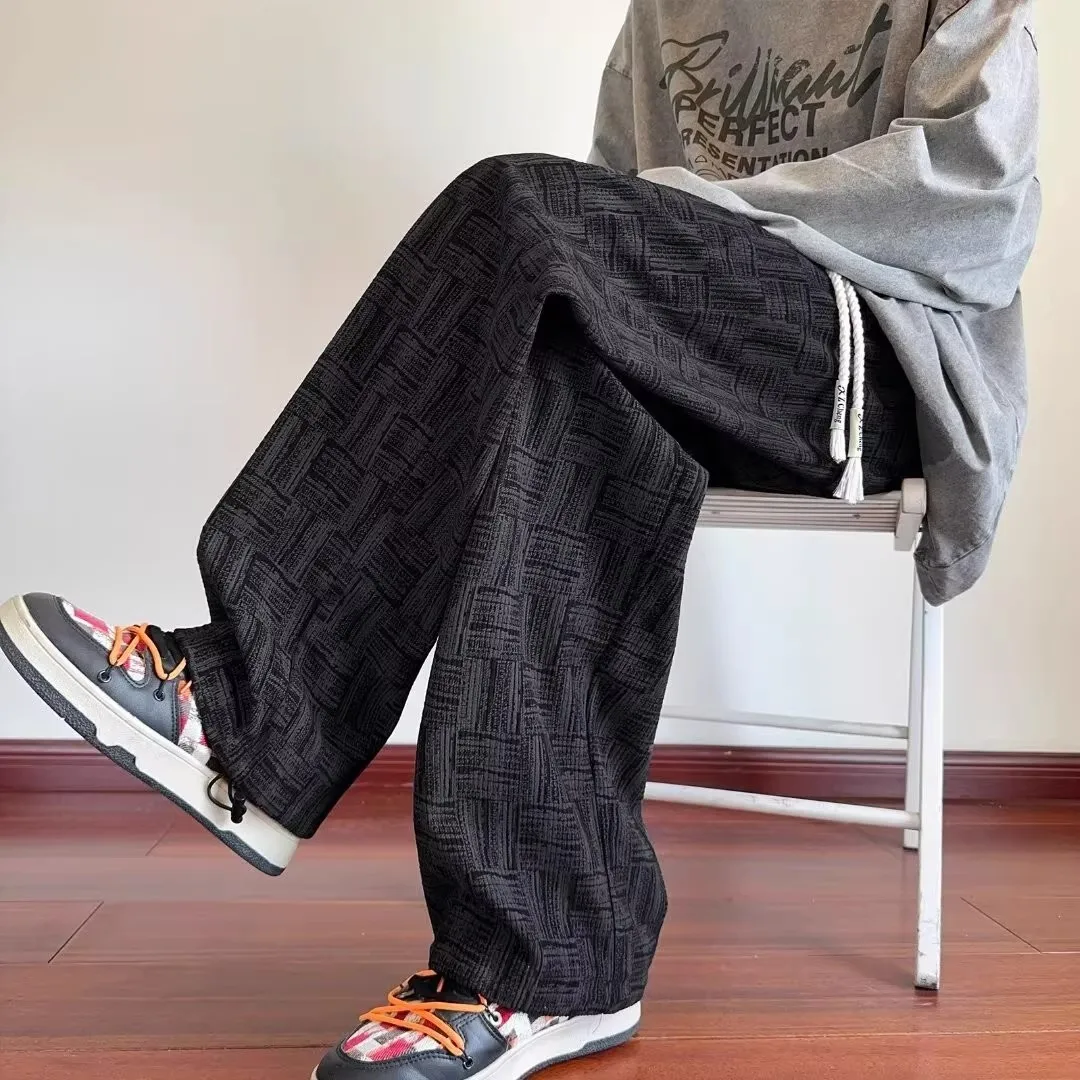 

Loose Fit Corduroy Tie-Dye Sweatpants Men's Plaid Texture Straight Leg Casual Long Trousers Autumn Seasonal Faionable Bla
