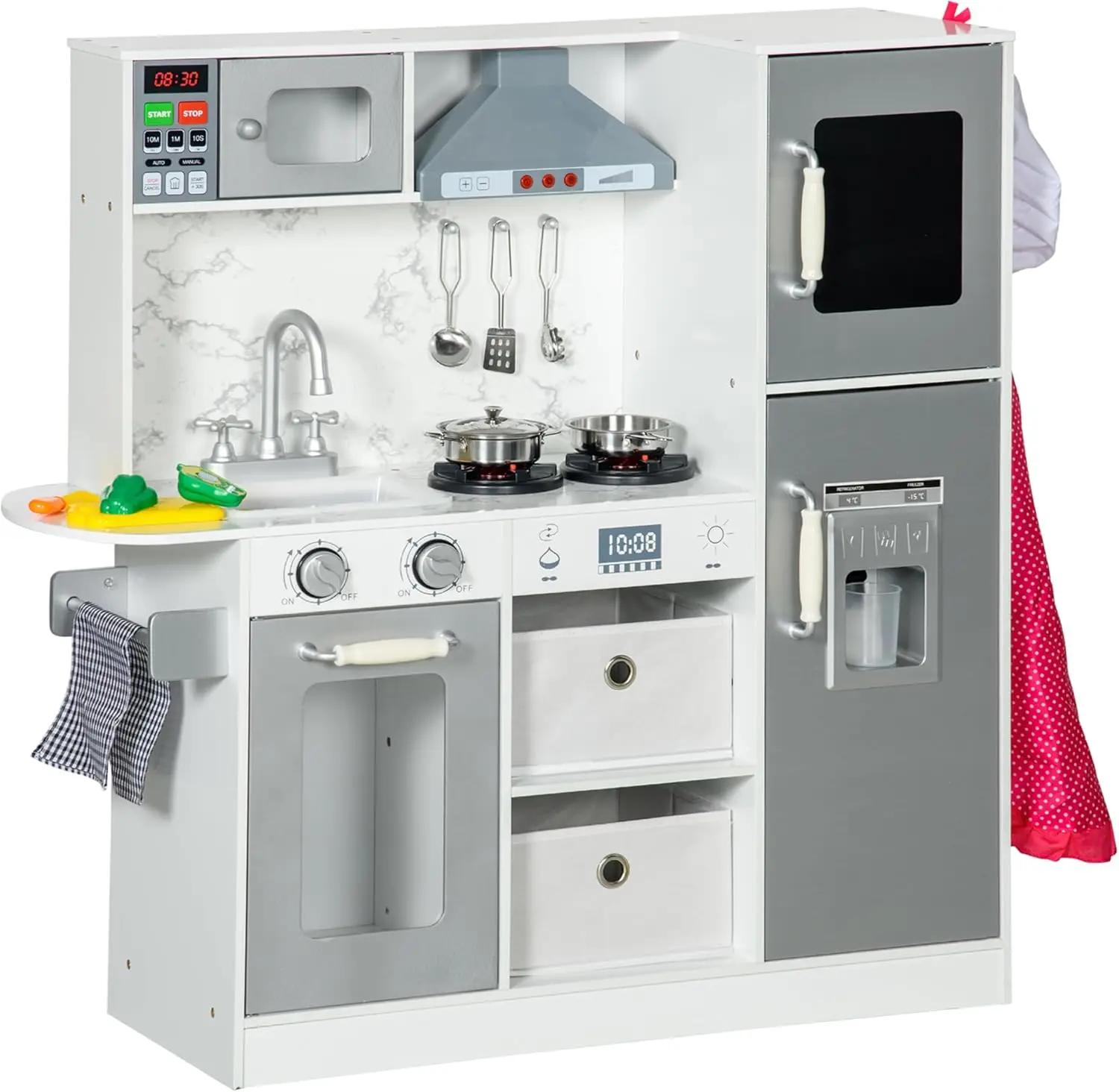 Qaba Play Kitchen Set For Kids, Kids Kitchen Playset With Lights Sounds, Apron And Chef Hat, Ice Maker, Microwave, Towel Rack,