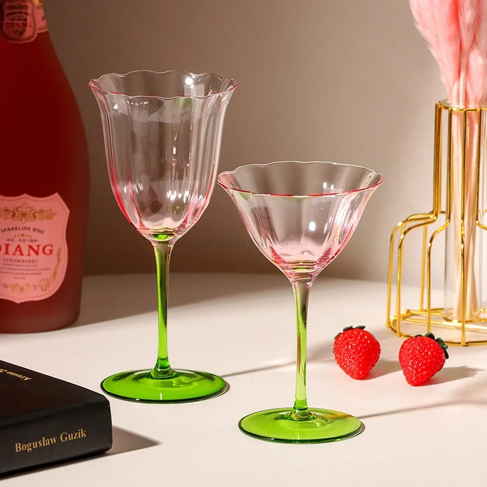 Vintage Flower Wine Goblet Crystal Glass Pink Green Champagne Coupe Cocktail Martini Glass Retro Stemware