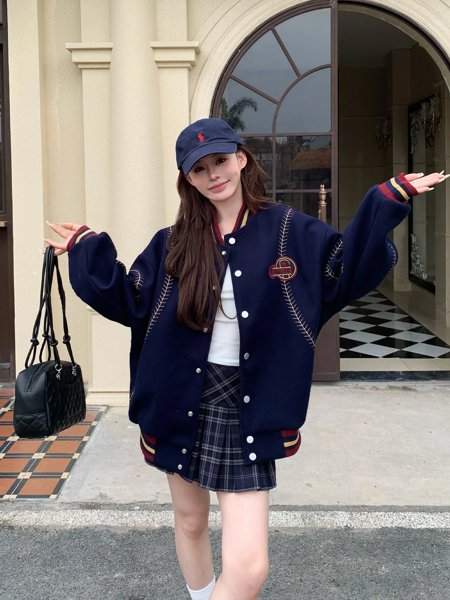 

American Retro Tweed Baseball Jacket Women's Spring New Korean Style College Couple Outerwear Loose Fit Long Sleeve Coat