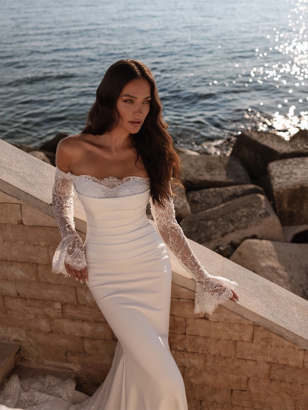 

Customized Soft White Satin Wedding Dress Formal Sweetheart Long Sleeves Vestido De Novia Sexy Mermaid Court Train Bridal Gowns