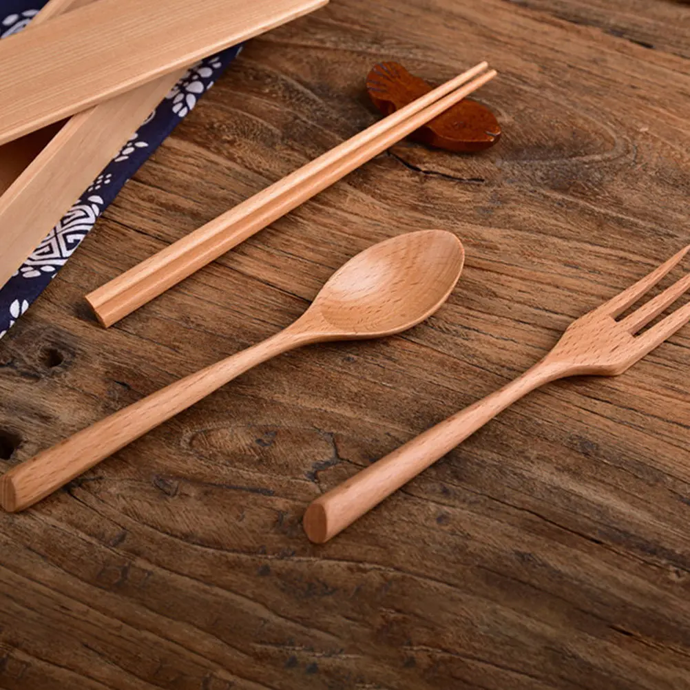 1Set Natural Wood Cutlery Set Molding Design Smooth Safe Spoons Forks for Outdoor Dining on The Go Portable Tableware