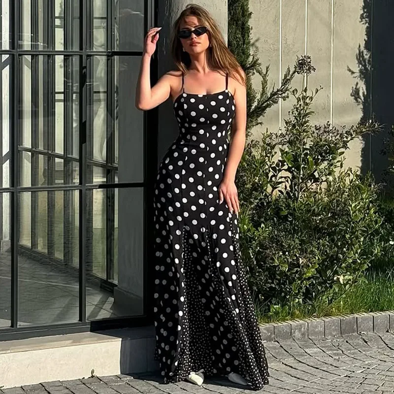 Trendix Women's Dot Spaghetti Strap Maxi Dress High Street Slim Sleeveless Long Dresses Mesh Splice Commute Party Elegant Dress